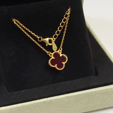 925 Sterling Silver Red Clover Gold Pendant Necklace